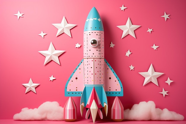 craft start rocket made of cardboard and paper stars and clouds on a pink background