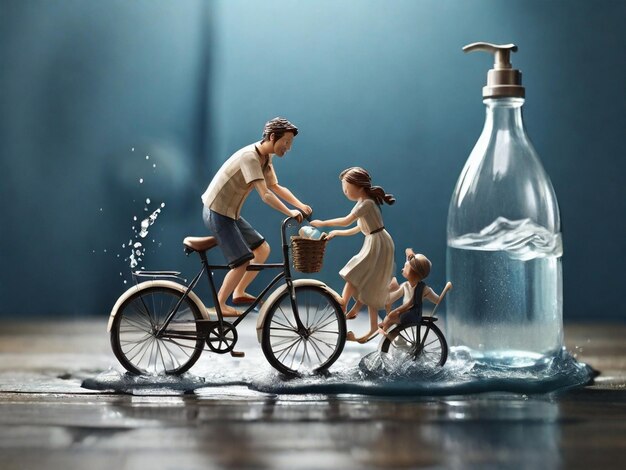 Craft stijl een familie op een fiets en het water komt uit de kraan op de fles water