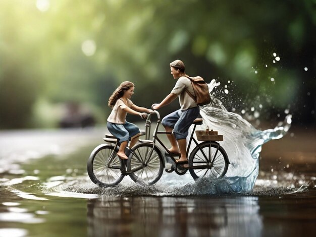 Craft stijl een familie op een fiets en het water komt uit de kraan op de fles water
