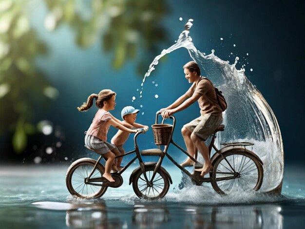 Craft stijl een familie op een fiets en het water komt uit de kraan op de fles water