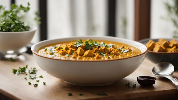 Craft a visually appealing image of a bowl of comforting Chicken Dal against a clean and elegant wh