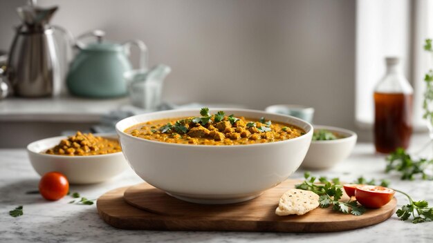 Craft a visually appealing image of a bowl of comforting Chicken Dal against a clean and elegant wh