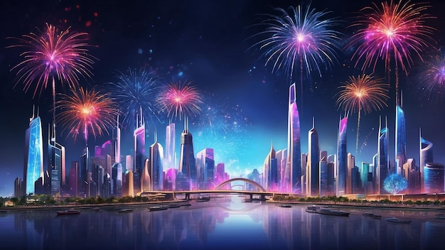 ホログラフィックな花火がスカイラインを照らす 未来都市の鮮やかな描写を