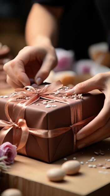 Crafted elegance Closeup displays confectioner's hands artfully dressing cardboard box with finess