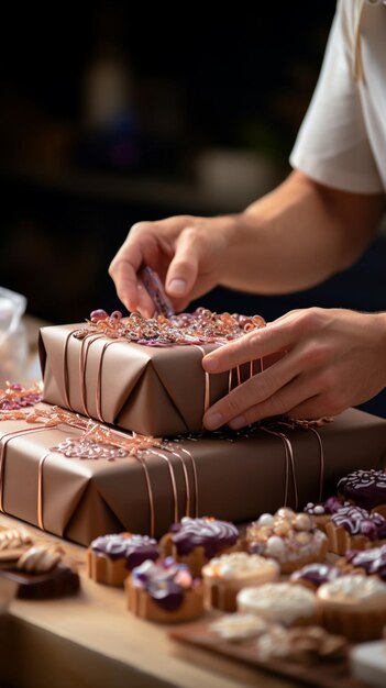 Crafted elegance Closeup displays confectioner's hands artfully dressing cardboard box with finess