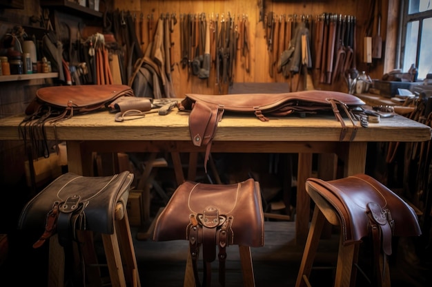 Crafted leather saddles on workshop table created with generative ai