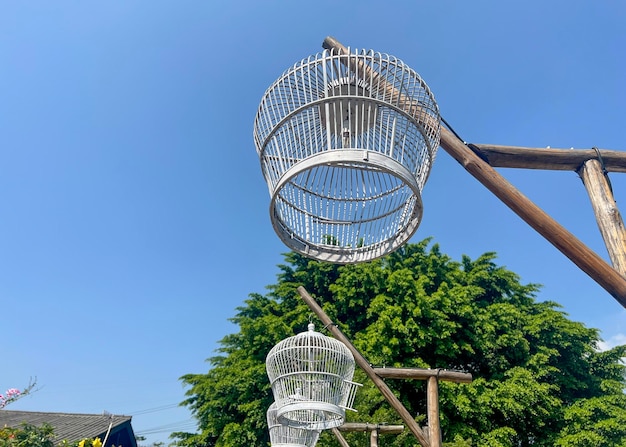 Crafted wooden lamp installed outside using recycle materials