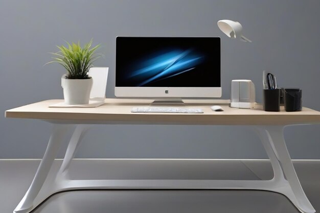 Фото crafting a comfortable minimalist pc table setupuncluttered design enhance healthconscious computing