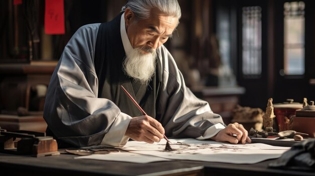 文字 を 作り出す 中国 の カリグラファー が 羊皮 紙 に 流動 的 な 刷子 の ストローク を 用い て