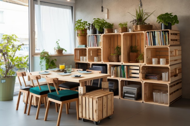 Photo crafting chic upscale eco cafe features diy furniture made from wooden boxes