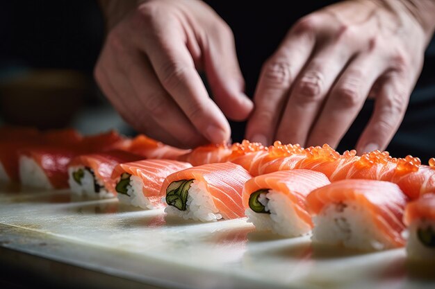 Crafting tradition a skilled chef's hands meticulously prepare sushi rolls