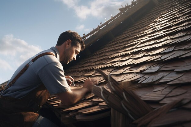 Craftsman applying wood shakes to a roof Generative ai