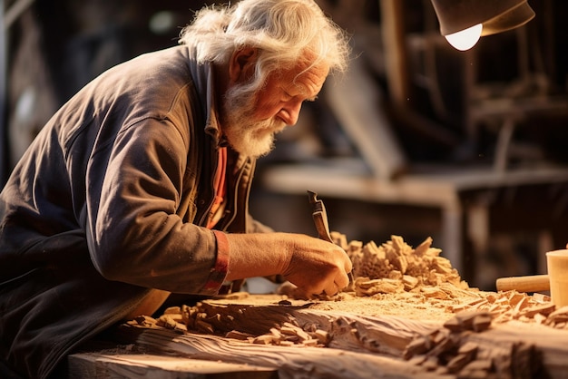 Craftsman creating wood piece