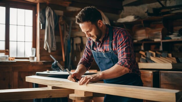 Foto un artigiano che taglia una tavola di legno