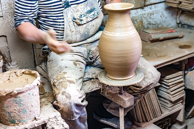 Craftsman in dirty clothes molding clay into desired shape on\
potter\'s wheel