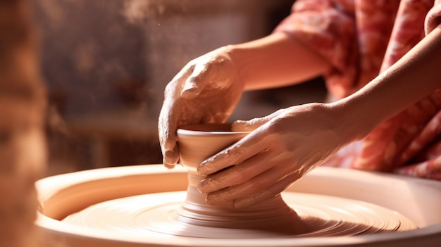 Craftsman hands making pottery bowl Woman working on potter wheel Family business sh Generative AI