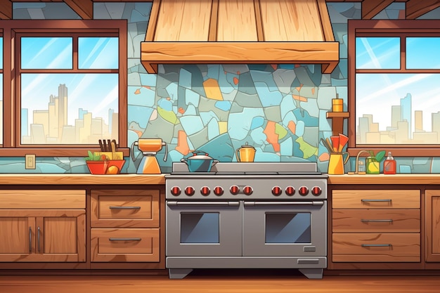 Craftsman home wooden kitchen with stone backsplash detail magazine style illustration