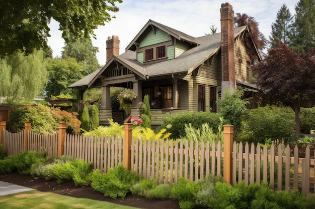 Craftsman house exterior with fence and garden surrounded by greenery