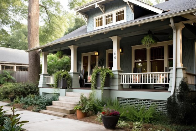 Photo craftsman house exterior with porch swing and hanging plants