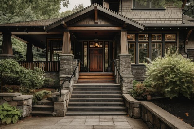 Craftsman house exterior with stone steps and lanterns leading to the front door