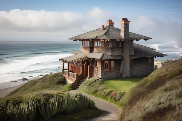 Craftsman house overlooking ocean with waves rolling in