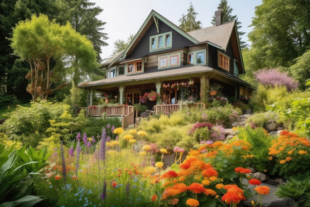 Craftsman house surrounded by lush greenery and colorful blooms