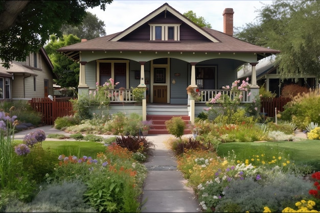 Craftsman house with front porch and flower garden