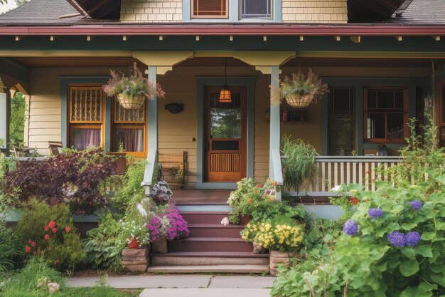 Craftsman house with front porch and hanging lantern surrounded by blooming flowers