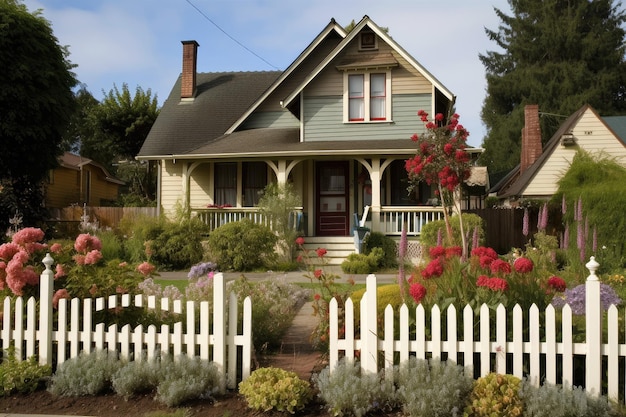 Craftsman house with picket fence and flowering plants