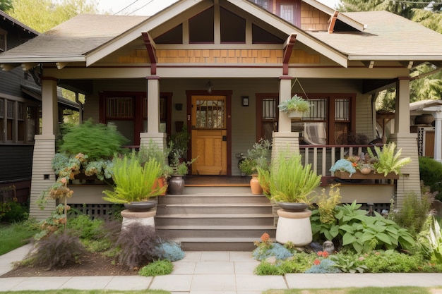 Craftsman house with porch swing and potted plants