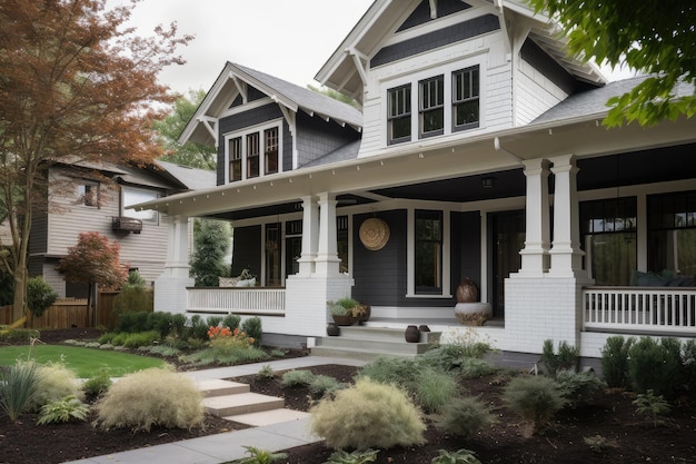 Craftsman house with shingle exterior painted white and black porch columns