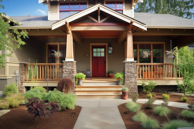 Craftsman house with welcoming front porch and hanging plants