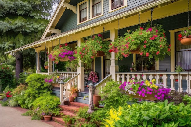 Craftsman house with wraparound porch and hanging baskets of colorful flowers