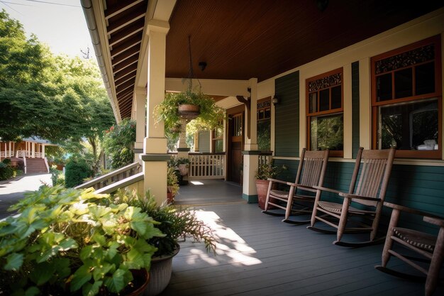 Craftsman house with wraparound porch rocking chair and potted plants