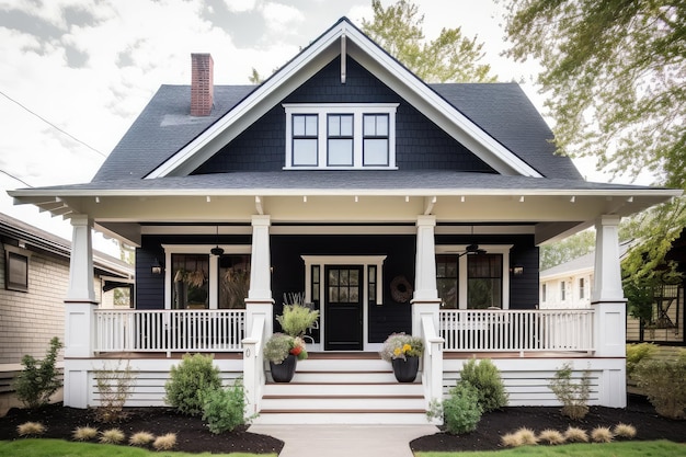 Craftsman house with wraparound porch white railing and black accents