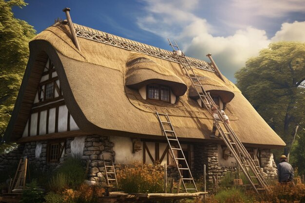 Craftsman installing a thatched roof on a generative ai