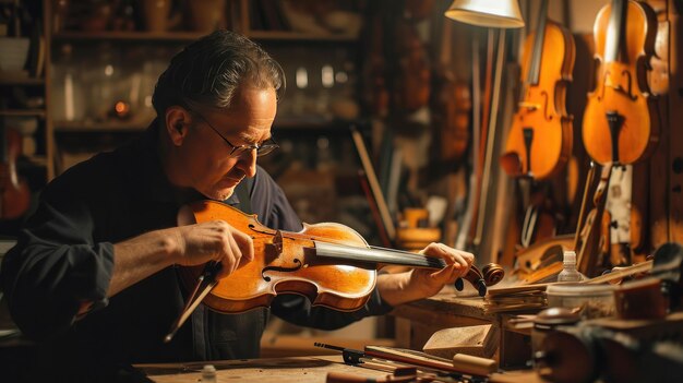 Craftsman Perfecting His Violin in a Workshop