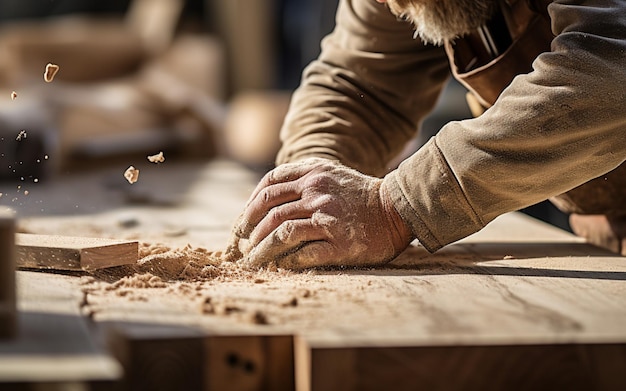 Фото Точность мастера: плотник, бреющий древесину ручными инструментами в мастерской