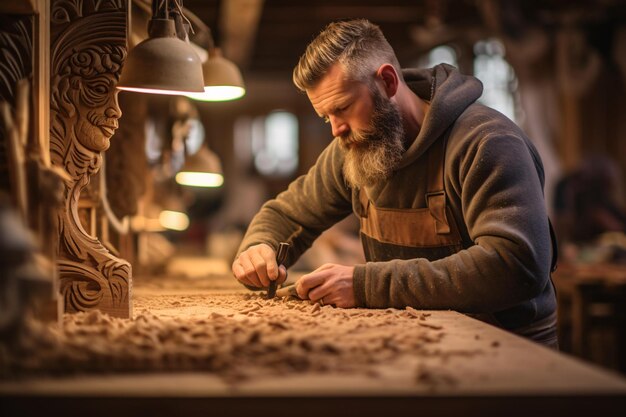 A craftsman sculpting a piece of wood with tools in a workshop