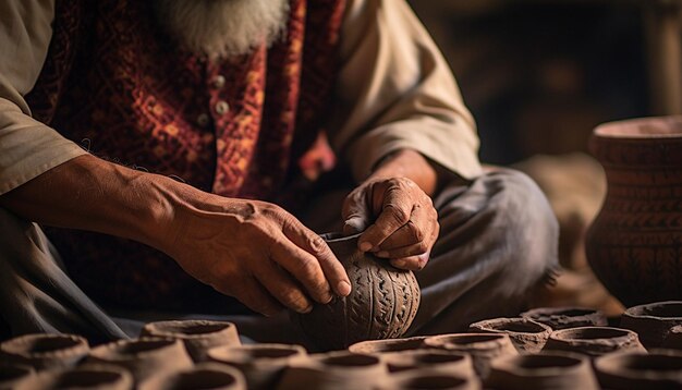 パキスタンの伝統的な陶器を熟練して作る職人