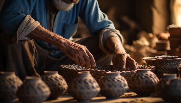 Photo a craftsman skillfully creating traditional pakistani pottery
