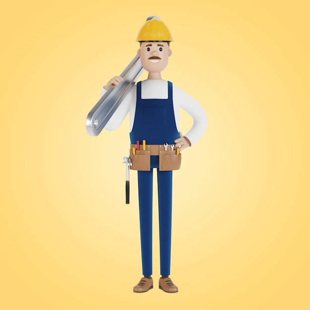 craftsman with a large wrench. 3d illustration in cartoon style.