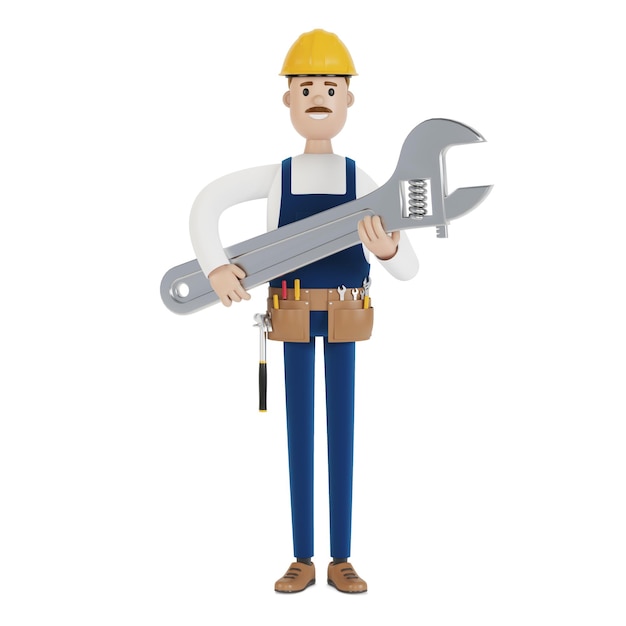 craftsman with a large wrench. 3d illustration in cartoon style.