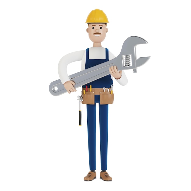 Craftsman with a large wrench. 3D illustration in cartoon style.