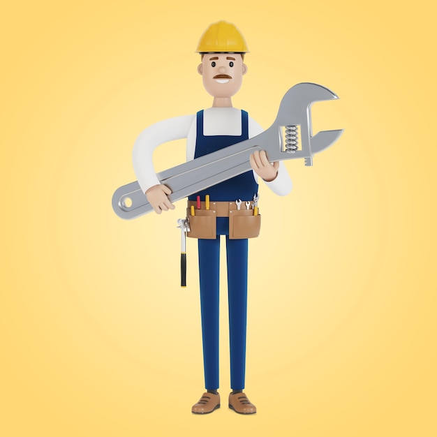 craftsman with a large wrench. 3d illustration in cartoon style.