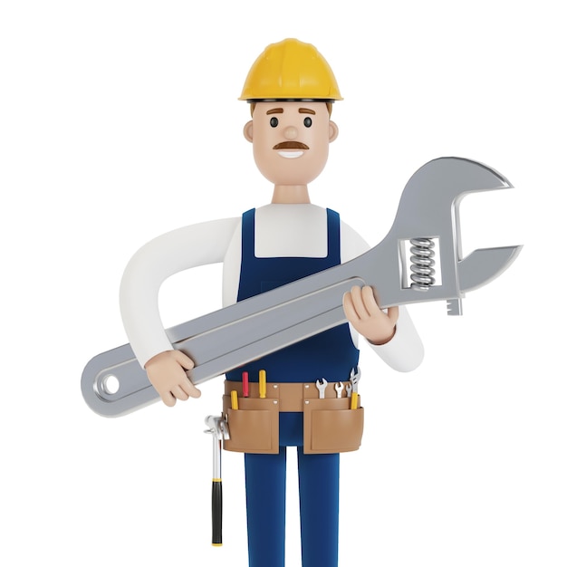 Craftsman with a large wrench 3D illustration in cartoon style