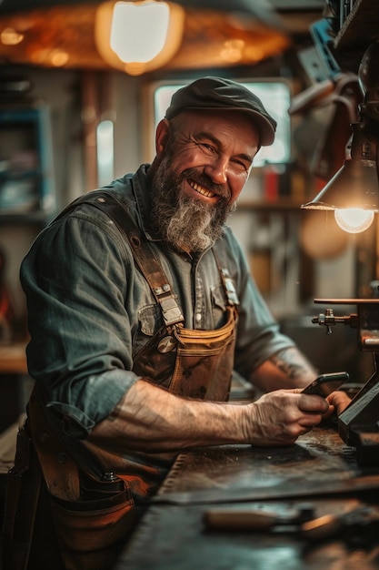 Photo craftsman with phone workshop backdrop