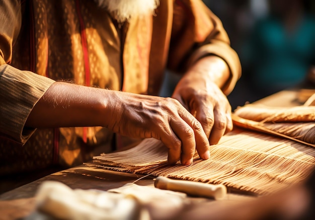 Craftsman working on a manual loom traditional crafts handmade ai generated