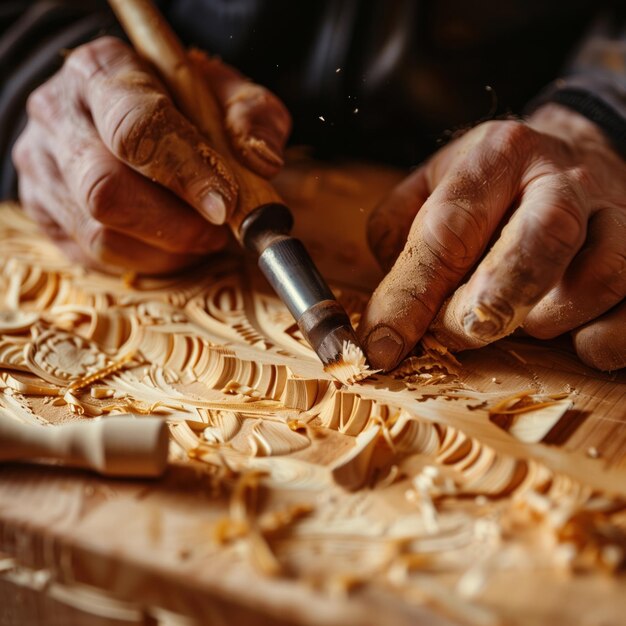 Craftsman39s hands carving detail into a piece of wood focus on the interaction of tools and material empty space background