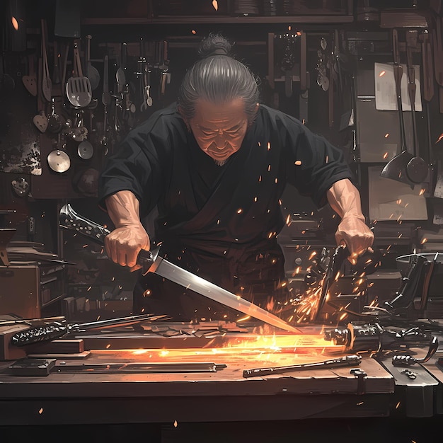 Craftsmanship in Action Master Swordsman at Work